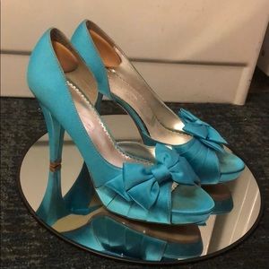 Open toed Turquoise Satin Heels